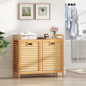Cesto de roupa suja duplo 80 x 30 x 72 cm com abertura de bambu de 75 L com 2 cestos removíveis Natural
