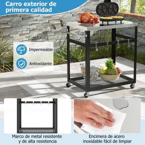 Carrinho apoio Jardim de aço inoxidável de 2 níveis com rodas e pega Carrinho para forno de pizza para pátio exterior Preto