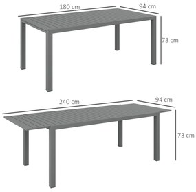 Mesa de Jardim Extensível Mesa de Terraço Retangular para 6-8 Pessoas Capacidade 50 kg 180/240x94x73 cm Cinza Escuro