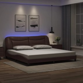 Estrutura cama c/ luz LED 200x200 cm couro artificial castanho