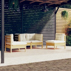vidaXL 4 pcs conjunto lounge jardim c/ almofadões creme pinho maciço