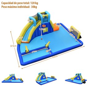 Parque aquatico insuflável 6 em 1 Castelo de água insuflável para crianças com 2 Piscinas Muro de Escalada ao ar livre 526 x 373 x 203 cm