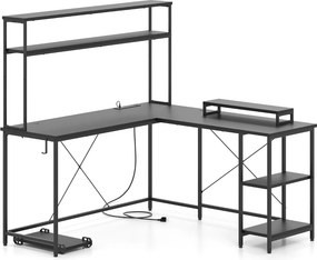 Secretária 145 x 145 x 147 cm em forma de L convertível com tomadas e portas USB e iluminação inteligente preta