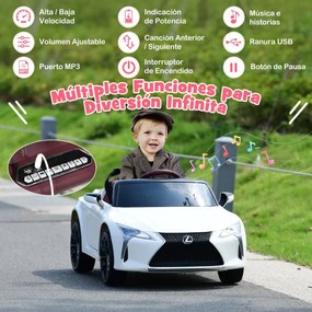 Carro elétrico para crianças Lexus com licença oficial com bateria 12V e controlo remoto 2.4G Luzes LED brilhantes e música Branco