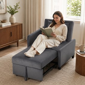 Sofá Cama Individual 4 em 1 Cadeirão-cama em Veludo com Encosto Ajustável e Bolsos Laterais Cinza Escuro