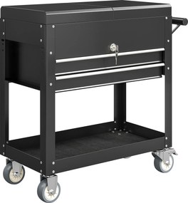 Carrinho de Ferramentas com Rodas Carrinho de Oficina Móvel com Tampa Deslizante 2 Gavetas com Fecho Bandeja 77,5–130x38x80 cm Preto