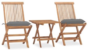 vidaXL 3 pcs conj. jantar dobrável exterior c/ almofadão teca maciça