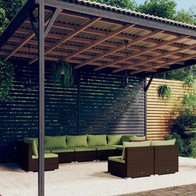 vidaXL 9 pcs conjunto lounge de jardim c/ almofadões vime PE castanho