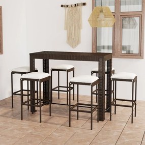 vidaXL 7 pcs conjunto de bar p/ jardim com almofadões vime PE castanho
