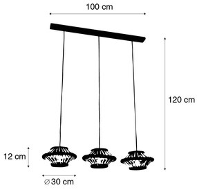 Lâmpada oriental suspensa de bambu com 3 luzes alongadas pretas - Evalin Oriental