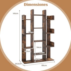 Estante em forma de árvore com 13 prateleiras abertas Organizador de arrumação de livros de canto para estudo 86 x 24,5 x 141 cm Castanho rústico