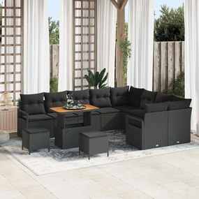 Conjunto de Sofá de Jardim de 12 Peças com Almofadas Preto Rattan Sintético Acácia