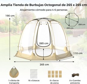 Tenda de bolha emergente em PVC 265 x 265 x 190 cm com rede mosquiteira Montagem instantânea À prova de intempéries e frio para 5-6 pessoas Portátil e