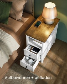 Mesa de apoio, mesa cabeçeira estreita com 2 tomadas eléctricas, 2 portas USB 60 x 35 x 60 cor nogueira castanho-branco