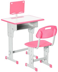 HOMCOM Conjunto de Secretária e Cadeira para Crianças de 6-12 Anos Secretária Infantil com Altura Ajustável 1 Gaveta 1 Suporte para Lápis e 1 Prateleira para Livros 60x45x90-120 cm Rosa