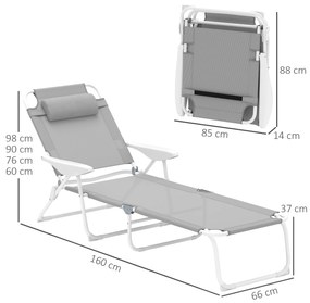 Espreguiçadeira de Jardim Reclinável e Dobrável com Encosto Ajustável em 4 Posições 160x66x98 cm Cinzento