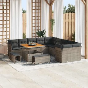Conjunto de Sofá para Jardim vidaXL de 13 peças com Almofadas Cinza Rattan Poliéster Acácia
