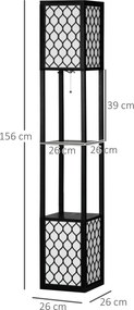 Candeeiro de Pé de Madeira com Estantes Lâmpada E27 Máx. 40W com Interruptor 26x26x156cm Preto e Branco