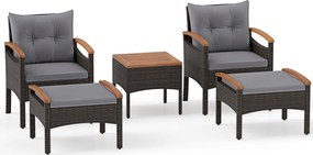 Conjunto  de jardim de 5 peças em vime e rattan, com 2 poltronas, 2 pufes, mesa em madeira de acácia Castanho misturado e cinzento