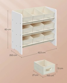 Estante para crianças com 9 caixas de arrumação em tecido não tecido 29,5 x 62,5 x 60 cm branco nuvem