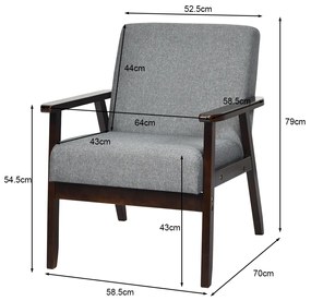 Poltrona Sofá Individual Feito de Madeira Revestido em Tecido Cadeira Ergonômica com Almofada para Sala Mesa Varanda 64 cm x 70 cm x 79 cm Cinzento