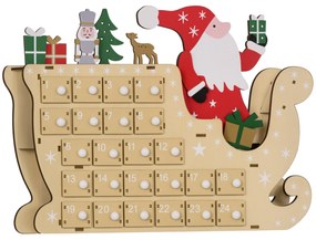 Calendário do Advento de Madeira com 24 Gavetas Decorado com Pai Natal no Trenó Decoração de Natal 22,5x8x36 cm Madeira