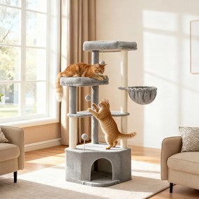 Arranhador para gatos com bolas de pelúcia 48,5 x 48,5 x 140,7 cm cinzento