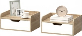 Conjunto de 2 mesas de cabeceira de parede 40 (L) x 30 (P) x 19,5 (A) cm, com gaveta e tampo com rebordos elevados, 40 x 30 x 19,5 cm, cor madeira nat