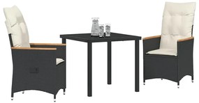 Conjunto de Jantar de Jardim com 3 Peças com Almofadas Pretas em Ratta