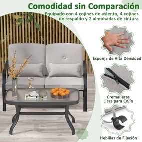 Conjunto de jardim de exterior 4 peças com 2 cadeiras individuais Cadeira de 2 lugares Mesa em vidro temperado Cinzento