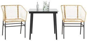 Conjunto jantar jardim 3 peças vidro vime PE castanho