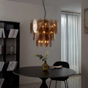 Candeeiro suspenso Art Déco dourado com vidro âmbar oval 14 luzes - Mochan