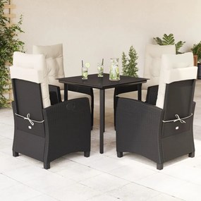 5 pcs conjunto de jantar p/ jardim c/ almofadões vime PE preto