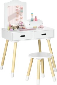 ZONEKIZ Toucador Educativo Madeira Branco Banco Espelho 2 Gavetas Crianças 3-6 Anos Design Moderno 60x40x95cm | Aosom Portugal