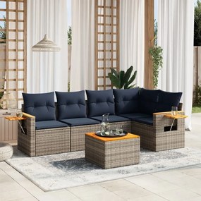 6 pcs conjunto sofás p/ jardim c/ almofadões vime PE cinzento