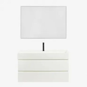 Conjunto De Móvel De Casa De Banho Suspenso Em Madeira E Folha De Freixo Com Lavatório Integrado Ona Branco & Led Retangular - Sklum