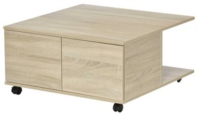 HOMCOM Mesa de Centro para Sala de Estar Mesa de Centro com Rodas 2 Prateleiras Abertas e 2 Gavetas 70x70x35cm Natural