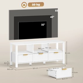 Móvel de TV Moderno com 3 Gavetas e 3 Prateleiras Abertas para Televisores de 43-55 Polegadas 120x39,5x50 cm Branco