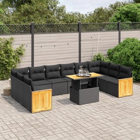 vidaXL 11 pcs conjunto sofás de jardim c/ almofadões vime PE preto