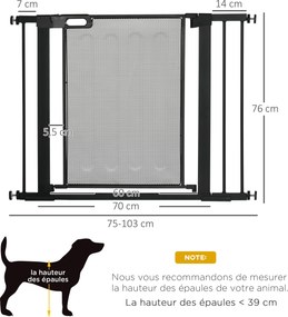 Barreira de segurança para animais de estimação com fecho automático de dupla bloqueio, largura 75-103 cm, preta