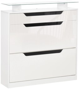 HOMCOM Móvel Sapateira de 2 Portas Sapateira Estreito para 16 Pares de Sapatos com Gaveta Prateleira Aberta e Bancada de Vidro para Corredor Entrada 89x23x96cm Branco