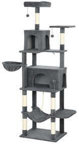 Arranhador para Gatos 60x48x202 cm com Plataformas Plataformas Caverna Postes de Sisal Bolas e Corda para Brincar Cinza