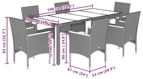 7 pcs conjunto jantar jardim com almofadões vime PE/vidro bege