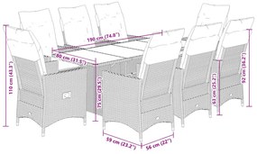 9 pcs conjunto jantar p/ jardim c/ almofadões vime PE castanho