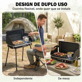 Grelhador a Gás Portátil 2 em 1 Barbecue a Gás Propano 20.000 BTU de Mesa ou de Pé 61x47x88 cm Preto