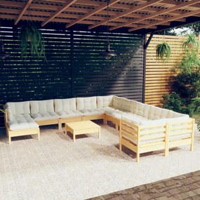 vidaXL 12 pcs conjunto lounge de jardim c/ almofadões cor creme pinho