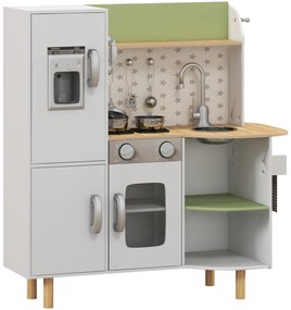 Cozinha de Madeira para Crianças com Máquina de Gelo Lavatório de Aço Inoxidável e Utensílios 84x34x89 cm Branco