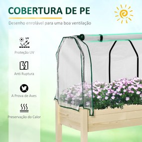 Horta Vertical Elevada de Madeira 121x55x117cm com Cobertura de Proteção Mesa de Jardinagem para Cultivo de Flores Vegetais e, Jardim Terraço Madeira