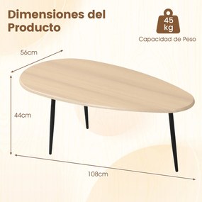 Mesa de centro oval, 108 x 56 x 44 cm em estilo Mid-Century com estrutura metálica para sofá, sala de estar Natural