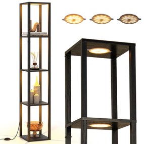 Candeeiro de pé 29 x 29 x 165 cm com prateleiras de 4 níveis Luz LED com 3 intensidades e interruptor de pé para quarto ou sala Preto